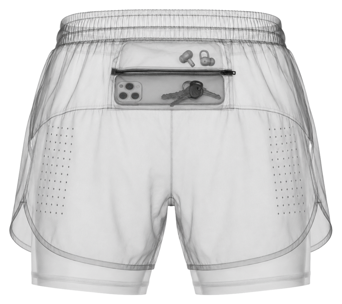X-ray of the 2-in-1 running short, phone and keys in the back pocket